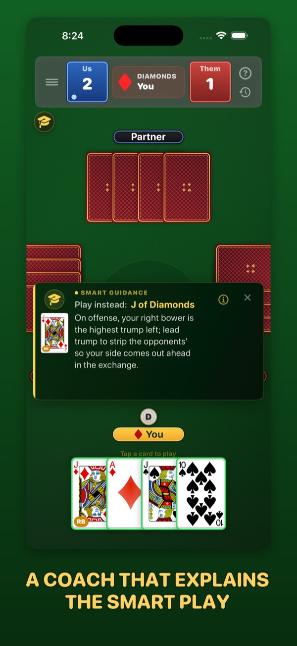 Euchre Ace coach suggesting the jack of diamonds and explaining why