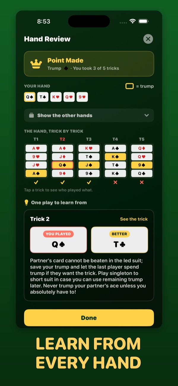 Hand Review showing the key play of a finished hand